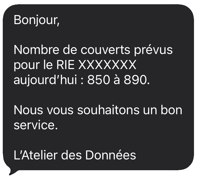 Exemple de SMS de prévision envoyé au responsable du restaurant